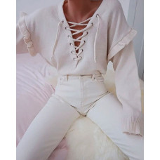 Eyelet Lace-up Drop Shoulder Ruffles Sweater - white