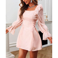 Eyelet Lace-up Flared Sleeve Ruffle Hem Dress - pink