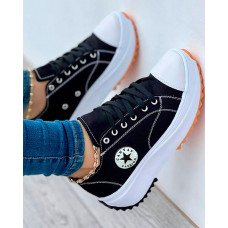 Eyelet Lace-up Flatform Canvas Shoes - black