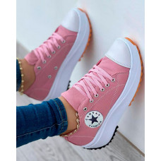 Eyelet Lace-up Flatform Canvas Shoes - pink