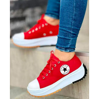 Eyelet Lace-up Flatform Canvas Shoes - red