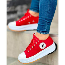 Eyelet Lace-up Flatform Canvas Shoes - red