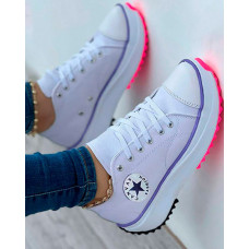 Eyelet Lace-up Flatform Canvas Shoes - white