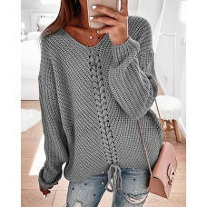 Eyelet Lace-up Knitt Casual Sweater - gray