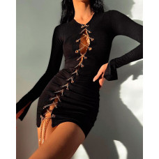 Eyelet Lace-up Long Sleeve Bodycon Dress - black