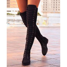 Eyelet Lace-up Over The Knee Boots - black