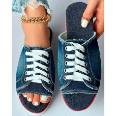 Eyelet Lace-up Peep Toe Fringe Hem Slippers - dark blue