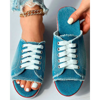 Eyelet Lace-up Peep Toe Fringe Hem Slippers - Lighted Blue