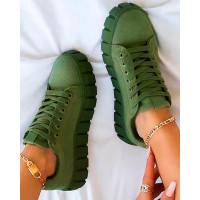 Eyelet Lace-up Platform Sneakers - Army green