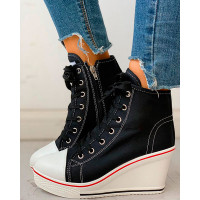 Eyelet Lace-Up Platform Wedge Sneakers - black