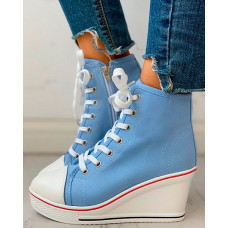 Eyelet Lace-Up Platform Wedge Sneakers - blue