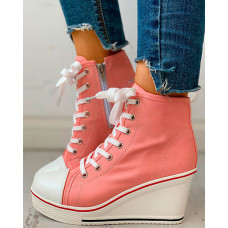 Eyelet Lace-Up Platform Wedge Sneakers - pink