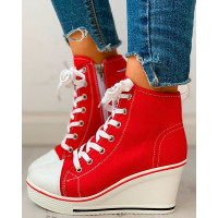 Eyelet Lace-Up Platform Wedge Sneakers - red