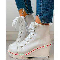 Eyelet Lace-Up Platform Wedge Sneakers - white