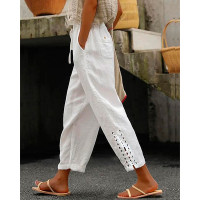 Eyelet Lace-Up Pocket Design Drawstring Pants - white