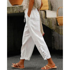 Eyelet Lace-Up Pocket Design Drawstring Pants - white