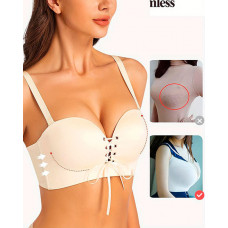 Eyelet Lace-up Push Up Seamless Wireless Lifting Bra - nude