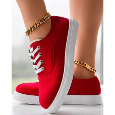 Eyelet Lace-up Round Toe Canvas Sneakers - red