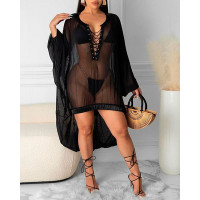 Eyelet Lace-up Sheer Mesh Dip Hem Cover Up - black