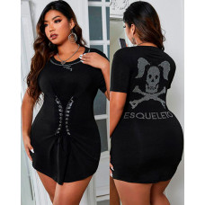 Eyelet Lace-up Skeleton Letter Rhinestone Casual Dress - black