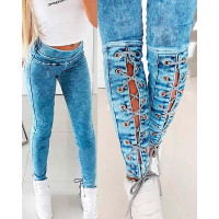 Eyelet Lace-up Skinny Jeans - blue