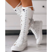 Eyelet Lace-up Tassel Design Canvas Boots - white