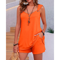 Eyelet Sleeveless Top & Pocket Design Shorts Set - orange