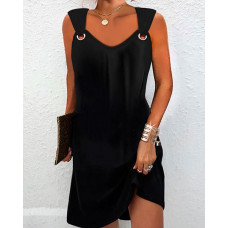 Eyelet Sleeveless V-Neck Casual Dress - black