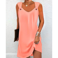 Eyelet Sleeveless V-Neck Casual Dress - pink