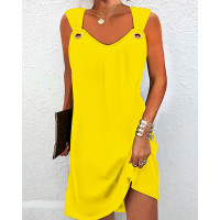 Eyelet Sleeveless V-Neck Casual Dress - yellow