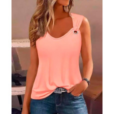 Eyelet V-Neck Casual Tank Top - pink