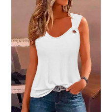 Eyelet V-Neck Casual Tank Top - white