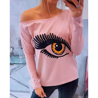 Eyes Print Slash Neck Long Sleeve Top - pink