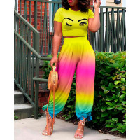 Eyes Print Top & Tie Dye Print Pants Set - Multicolor