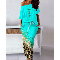 Faith Contrast Leopard Print T-Shirt & Drawstring Skirt Set - turquoise blue