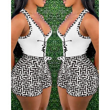 Faith Geometric Print Tank Top & Drawstring Shorts Set - blackwhite