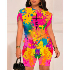 Faith Ink Splash Print Casual Top & Shorts Set - Multicolor