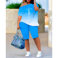 Faith Letter Print Ombre Skew Neck Top & Shorts Set - blue