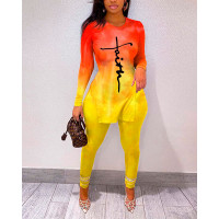 Faith Ombre Print Long Sleeve Split Hem Top & Pants Set - yellow