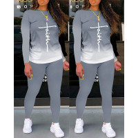 Faith Ombre Print Long Sleeve Top & Pants Set - gray