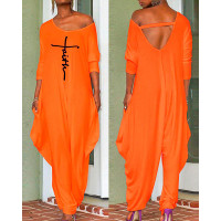 Faith Print Long Sleeve Harem Jumpsuit - orange