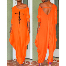 Faith Print Long Sleeve Harem Jumpsuit - orange