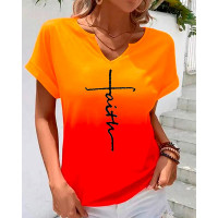 Faith Print Ombre Notch Neck Casual T-shirt - orange