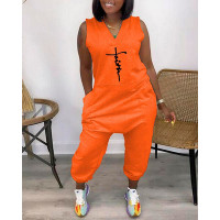 Faith Print Pocket Design Sleeveless Jumpsuit - orange