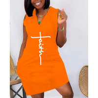 Faith Print Pocket Detail Sleeveless Casual Dress - orange