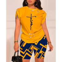 Faith Print Round Neck Top & Geometric Print Shorts Set - yellow