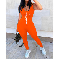 Faith Print U-Neck Sleeveless Skinny Jumpsuit - orange