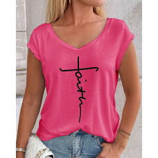 Faith Print V-Neck Cap Sleeve T-shirt - rose red