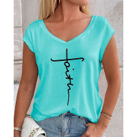 Faith Print V-Neck Cap Sleeve T-shirt - turquoise blue