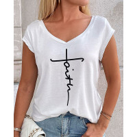 Faith Print V-Neck Cap Sleeve T-shirt - white